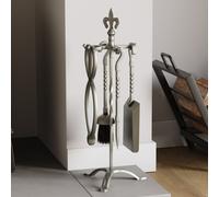 (Pewter) Fleur De Lys 5-Piece Fireplace Tool Set with Stand