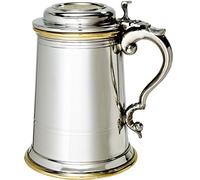 Pewter Tankard 1 Pint Extra Heavy Celtic Gold Tankard with Brass Insert Lid Ornate Handle English Pewter