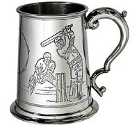 Pewter Tankard 1 Pint with Cricket Scenes on Both Sides and Antique Handle Pure Heavy Gauge Beer Tankard Perfect for Engraved Personalised Gifts for Men and Women