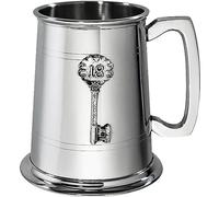 Pewter Tankard 18th Birthday Key Badge 1 Pint Plain Double Lines Square Handle Pure Heavy Gauge Beer Tankard Perfect for Engraved Personalised Gifts for Men and Women