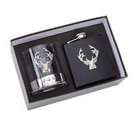 Pewterware Stags Head Whisky Glass and Hip Flask with pewterware stag's Head Motif Set in a Presentation Box (8990)