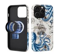 Pewu For iPhone 14 ProMax Case, Seafaring Octopus Pattern Print Glossy Compatible With Magsafe Phone Case Impact Resistant Anti-Scratch Shockproof Protective Cover For Girl Women Boy Men