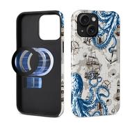 Pewu For iPhone 15 Plus Case, Seafaring Octopus Pattern Print Glossy Compatible With Magsafe Phone Case Impact Resistant Anti-Scratch Shockproof Protective Cover For Girl Women Boy Men