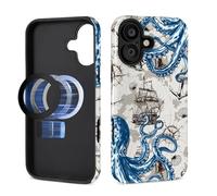 Pewu For iPhone 16 Case, Seafaring Octopus Pattern Print Glossy Compatible With Magsafe Phone Case Impact Resistant Anti-Scratch Shockproof Protective Cover For Girl Women Boy Men