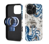 Pewu For iPhone 16 ProMax Case, Seafaring Octopus Pattern Print Glossy Compatible With Magsafe Phone Case Impact Resistant Anti-Scratch Shockproof Protective Cover For Girl Women Boy Men