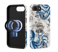 Pewu For iPhone 16e Case, Seafaring Octopus Pattern Print Glossy Compatible With Magsafe Phone Case Impact Resistant Anti-Scratch Shockproof Protective Cover For Girl Women Boy Men