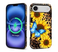 Pewu For iPhone 17 Air Case, Leopard Sunflower Blue Butterfly Pattern Print Glossy Compatible With Magsafe Phone Case Impact Resistant Anti-Scratch Shockproof Protective Cover For Girl Women Boy Men
