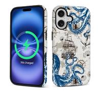 Pewu For iPhone 17 Case, Seafaring Octopus Pattern Print Glossy Compatible With Magsafe Phone Case Impact Resistant Anti-Scratch Shockproof Protective Cover For Girl Women Boy Men