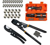 PEX Pipe Clamp Cinch Tool Crimping Tool Crimper for Stainless Steel Clamps from 3/8-inch to 1-inch with 1/2-inch 20PCS and 3/4-inch 10PCS SS PEX Clamps,with Pipe Cutter in Plastic Box