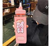 PEXIZUAN Kawaii Bear Water Bottle With Straw Sport Plastic Portable Square Drinking Bottle For Girl Cute Juice Tea Water Cups 700ml(Pink,700ml)