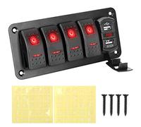 Pexorin 12V 24V Dual USB Port 4 Gang Toggle Rocker Switch, for Car Marine Ship Light Switch Panel Sticker Digital Voltmeter Marine Switch Panel(Red)