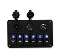 Pexorin 6 Gang Rocker Switch Panel Circuit Breaker Charger 2 USB Socket Cigaretter Plug Voltmeter, for Car Auto Switches 12v Marine Switch Panel