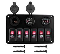 Pexorin DC 12V 24V Digital Voltmeter 6 Gang Rocker Switch Panel Dual USB Ports, for Car Marine Circuit Breaker Waterproof ON OFF Lights Marine Switch Panel(Red)