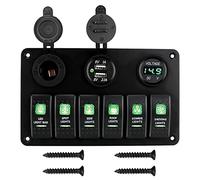 Pexorin DC 12V 24V Digital Voltmeter 6 Gang Rocker Switch Panel Dual USB Ports, for Car Marine Circuit Breaker Waterproof ON OFF Lights Marine Switch Panel(Green)