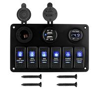 Pexorin DC 12V 24V Digital Voltmeter 6 Gang Rocker Switch Panel Dual USB Ports, for Car Marine Circuit Breaker Waterproof ON OFF Lights Marine Switch Panel(Blue)