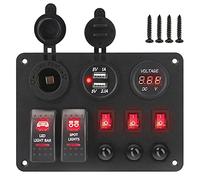 Pexorin Dual USB Ports With Overload Protector, for Car Marine RV Circuit Light Breaker Digital Voltmeter 2+3 Rocker Switch Panel Marine Switch Panel(Red)