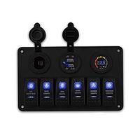 Pexorin Herorider 6 Gang Rocker Switch Panel Circuit Breaker Charger 2 USB Socket Cigaretter Plug Voltmeter, for Car Auto Switches 12v Marine Switch Panel