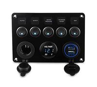 Pexorin Herorider Dual USB Socket Charger Voltmeter 12V Power Outlet 5 Gang ON OFF Toggle Switch Panel, for Car Boat Marine RV Truck Marine Switch Panel(Blue)