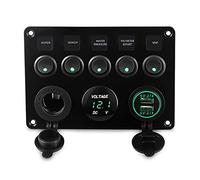 Pexorin Herorider Dual USB Socket Charger Voltmeter 12V Power Outlet 5 Gang ON OFF Toggle Switch Panel, for Car Boat Marine RV Truck Marine Switch Panel(Green)