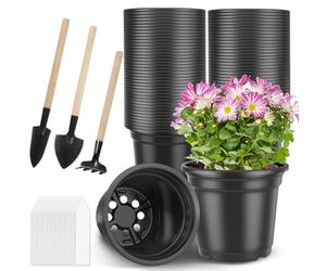 PEYOU 100Pcs 15cm Plastic Plant Pots with 3 PCS Garden Tools & 100Pcs Waterproof Plant Labels, Flower Pots Outdoor & Indoor for Seedlings, Vegetables,Flowers,Herbs,Succulents