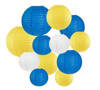 Peywot 12Pcs Blue and Yellow Party Decorations Hanging Round Paper Lanterns Assorted Sizes (8" 10" 12") for Graduation Birthday Wedding Dinner Party Baby Shower BBQ Decor (Blue Yellow White)