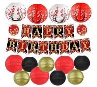 Peywot 14Pcs Hibachi Party Decorations Chinese Japanese Party Decorations Red Black and Gold Round Paper Lanterns Assorted Sizes (8" 10" 12") for Birthday Home Decor