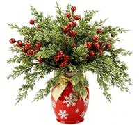 Peziang 45Pcs Christmas Artificial Pine Branches with Red Berry Stems - 10.5" Faux Evergreen Norfolk Pine Needles for DIY Wreath, Garland & Home Decor