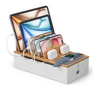 Pezin&Hulin Bamboo Cable Management Box, Charging station, Natural+White | Wire Organizers for Cords, Desktop Dock Organizer Rack for Electronic Device (No Power Adapter)