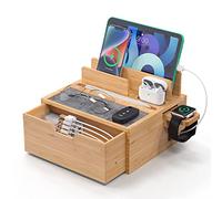 Pezin & Hulin Bamboo Charging Dock Rack, Wooden Charging Station Organizer with Lined Tray & Drawer, Desktop Dock Organizer, Compatible with Tablet, Cell Phone, Earbuds, Smartwatch