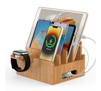 Pezin & Hulin Bamboo Charging Stand, Dock Organizer for Multi Devices, Cell Phone, Tablets, Smart Watch, with Pack 5 Cables, No Powe Charger HUB