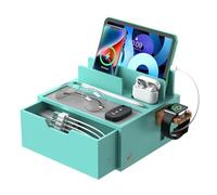 Pezin & Hulin Bamboo Charging Station for Multi Device with Watch Stand, Nightstand Docking Stand with Felt Pad Tray & Drawer, Desktop Dock Organizer Compatible with Tablet, CellPhone, SmartWatch-Teal