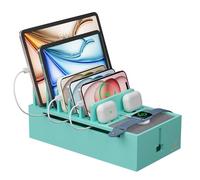 Pezin & Hulin Bamboo Charging Station for Multiple Devices, Charger Dock Holder Stand for Cell Phone and Tablet-Teal