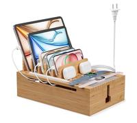 Pezin & Hulin Bamboo Charging Station for Multiple Devices, USB Charger Dock Organizer, with Power Supply (10 Ports HUB), 6 Cables, Cable Management Organizer for Cell Phones, Tablets -Natural Color