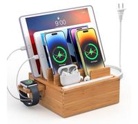 Pezin & Hulin Bamboo Charging Station Holder with 5 Port USB Charger, 5 x Charge Cables, Watch Stand, Wood Docking Stand Electronic Organizer for Multiple Devices, Phones, Tablets and More