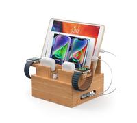 Pezin & Hulin Bamboo Charging Station with 2 Earbud & Watch Stand, Dock Organizer for Cellphones, Tablets, Earbuds, Smartwatches(Cables&Charger Not Included), Charge Dock Stand for Multiple Devices
