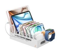 Pezin & Hulin Bamboo Charging Station with Watch Stand, Docking Holder for Multi Device with 5 Charge Cables, Desktop Dock Stations Electronic Organizer for Cellphone, Tablet, Watch-White