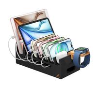 Pezin & Hulin Bamboo Charging Station with Watch Stand, Docking Holder for Multi Device with 5 Charge Cables, Desktop Dock Stations Electronic Organizer for Cellphone, Tablet, Watch-Black