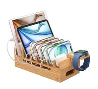 Pezin & Hulin Bamboo Charging Station with Watch Stand, Docking Holder for Multi Device with 5 Charge Cables, Desktop Dock Stations Electronic Organizer for Cellphone, Tablet, Watch-Natural Bamboo