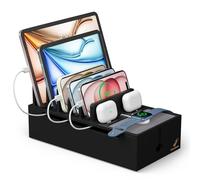 Pezin & Hulin Charging Station for Smartphones and Tablets, Bamboo Cable Cord Organizer Box, Multiple Devices Charger Dock Cables Management for Desk (No Power Hub Supply) - Black