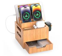 Pezin & Hulin Premium Bamboo Charging Station with Drawer & Watch Stand - XL Multi-Device Organizer for Phone and Watch Organizer (Includes Charging Cable) - Natural Desktop Dock