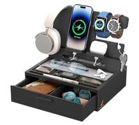Pezin & Hulin Wood Nightstand Organizer Phone Docking Station (Black) | Bedside Valet Tray for Multi-Device, Ideal for Husband Him Boyfriend Graduation Christmas,Bamboo