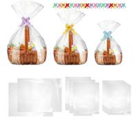 PEZOTA 100 Pack 3 Sizes Heat Shrink Wrap Bags for Gift Baskets - 20"×28", 16"×24", 14"×18" Clear Cellophane Bags with 6 Colorful Pull Bows for Easter, Christmas, Party & Holiday Packaging