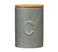 PF-0722793: Chic Design Light Grey Dolomite Coffee Canister with Airtight Bamboo Lid, Embossed 'C', H15 x L10 x W10 cm