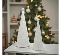 pf+a Decorative White Ceramic Christmas Tree with Star Topper, Scalloped Pattern Design, Holiday Tabletop Decor