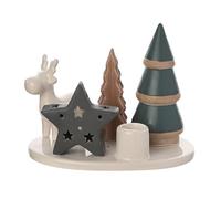 pf+a Nordic Forest Woodland Christmas Candle Holder Set, Decorative Ceramic Tray with Star, Pine Trees and Reindeer, Green and White Holiday Decor