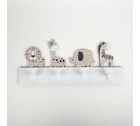 pf+a Safari Animal Wall Hooks for Nursery, Wooden Lion Giraffe Elephant Zebra Design, White Hanging Rail