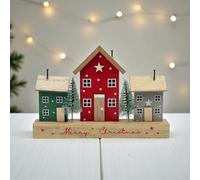 pf+a Wooden Christmas Village Display with Houses, Red and Green Holiday Scene, Decorative Merry Christmas Sign