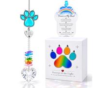 PFCTRJR Pet Memorial Suncatcher, Heart Crystal with Cat Eye Glass Paw, Engraved Tag, Memorial Card and Gift Box for Dog or Cat Loss (Lake Blue)
