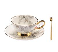 Pfedxoon Bone China Tea Cup Set with Saucer and Spoon (240ml), Cappuccino and Latte Cups, British Porcelain Set, Mother's Day Gift (Gray)