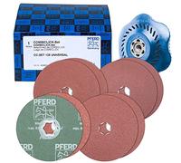 PFERD COMBICLICK Fibre Disc Set, 9 Pieces, Corundum Diameter 125 mm, A36, 60, 80, 120 Including Support Plate, 42098001 - for Universal Applications with Angle Grinder